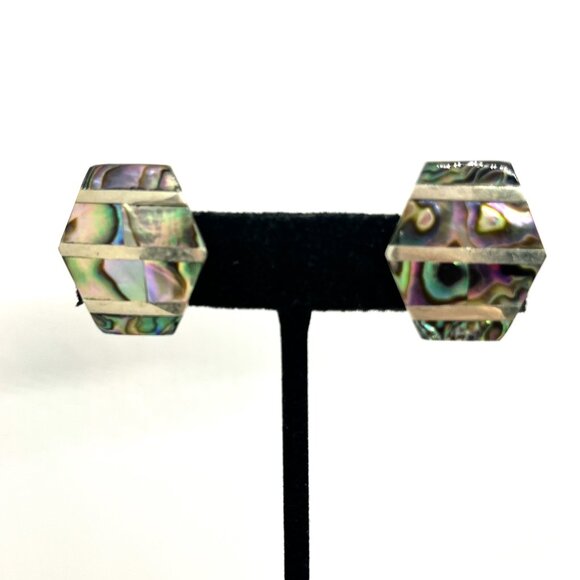 VINTAGE ALPACA MEXICO ABALONE HEXAGON CLIP ON EARRINGS INLAY MODERNIST INLAY - Picture 1 of 11